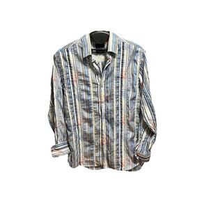 Tommy Bahama Shirt Mens L Tropical Striped Floral Button Long Sleeve Alongshore